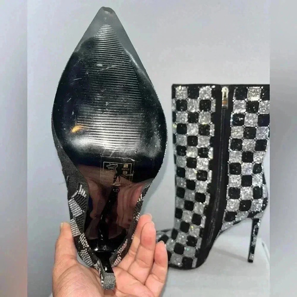 AZALEA WANG BOOTS STILETTO CHECKERS BLK RHINESTONE SIDE ZIP POINT TOE FABULOUS - Picture 12 of 15